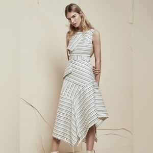 ACLER- Strand midi dress asymmetrical panels in navy and cream handkerchief hem